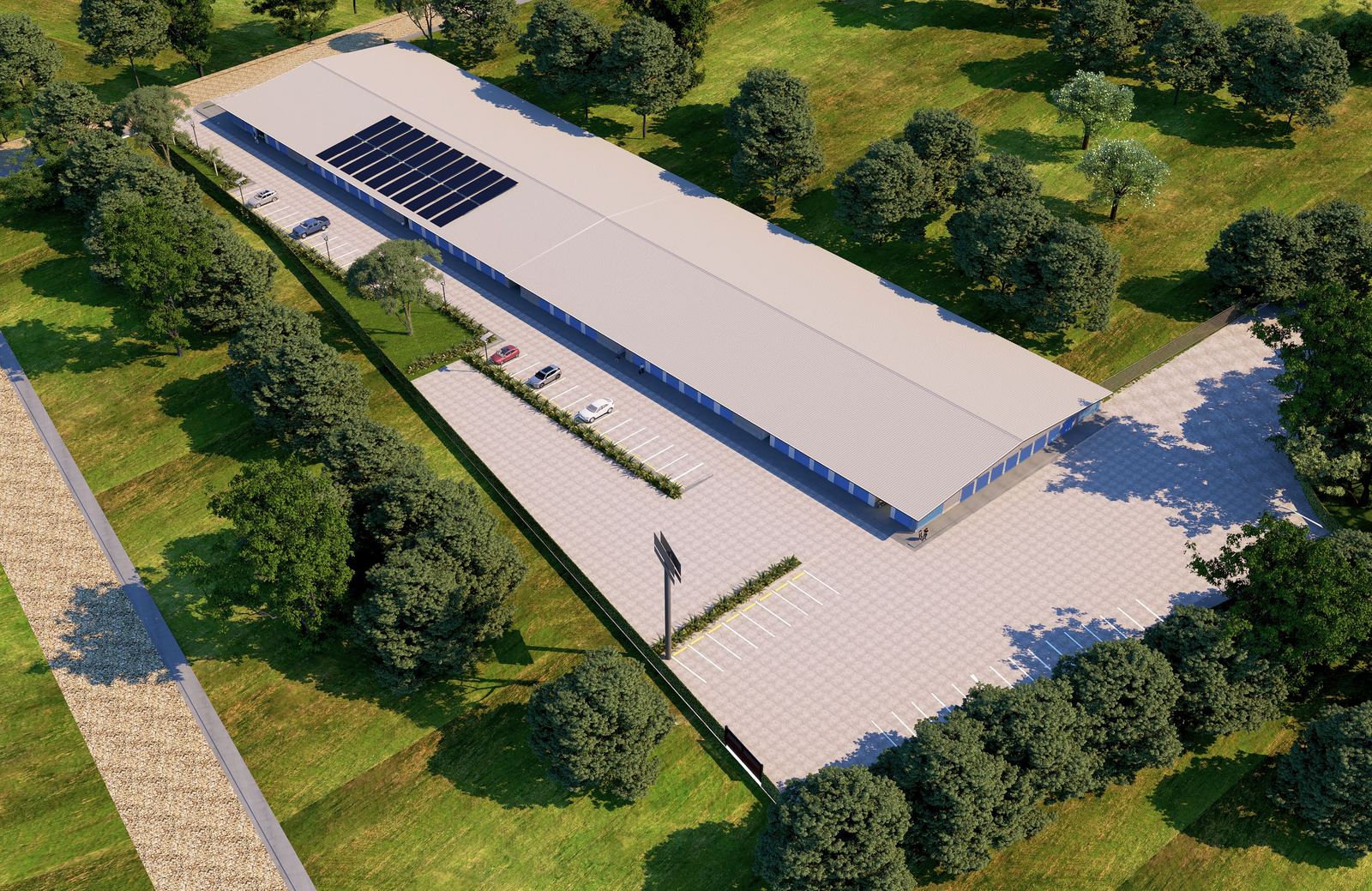 Aerial view with rooftop solar