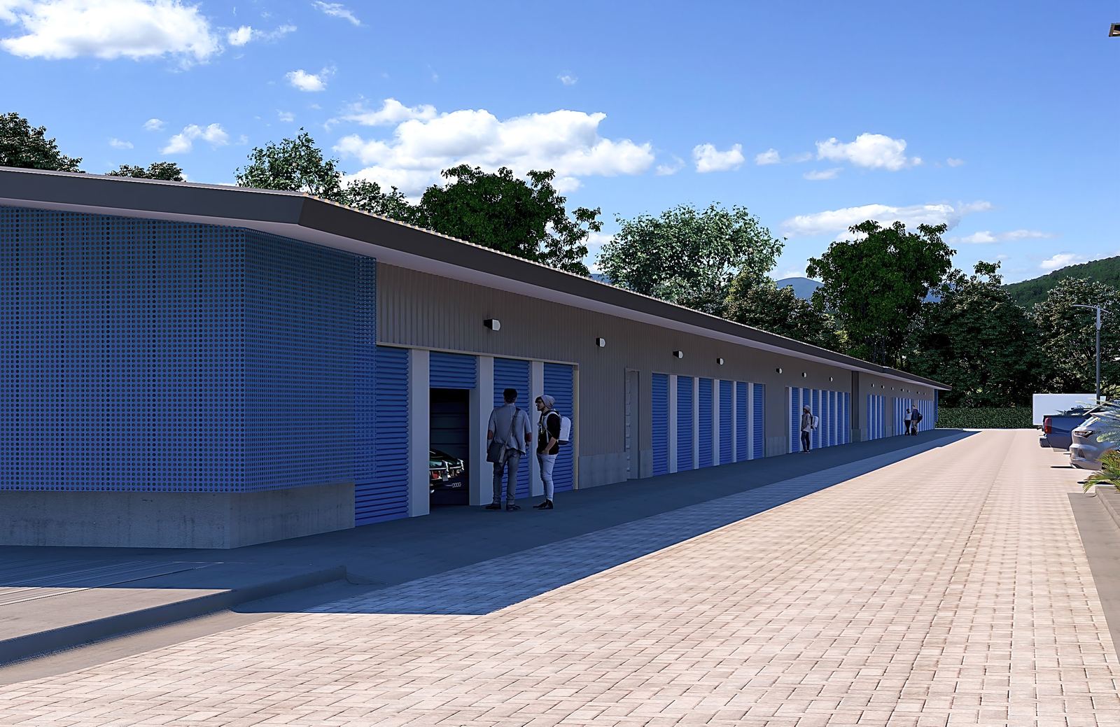 Drive-up units along the main drive aisle